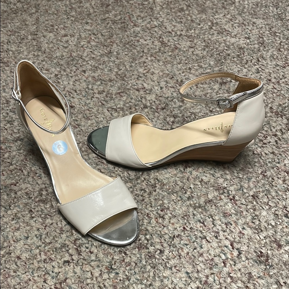 Cole haan Cream and Silver Wedge Sandals with Peep-Toe Design
